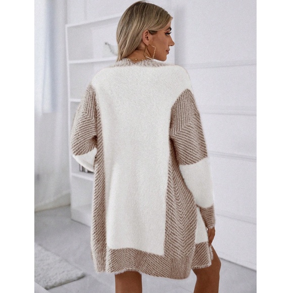 Fuzzy Duster Cardigan Open Long Sleeve Colorblock White Tan - Picture 5 of 8